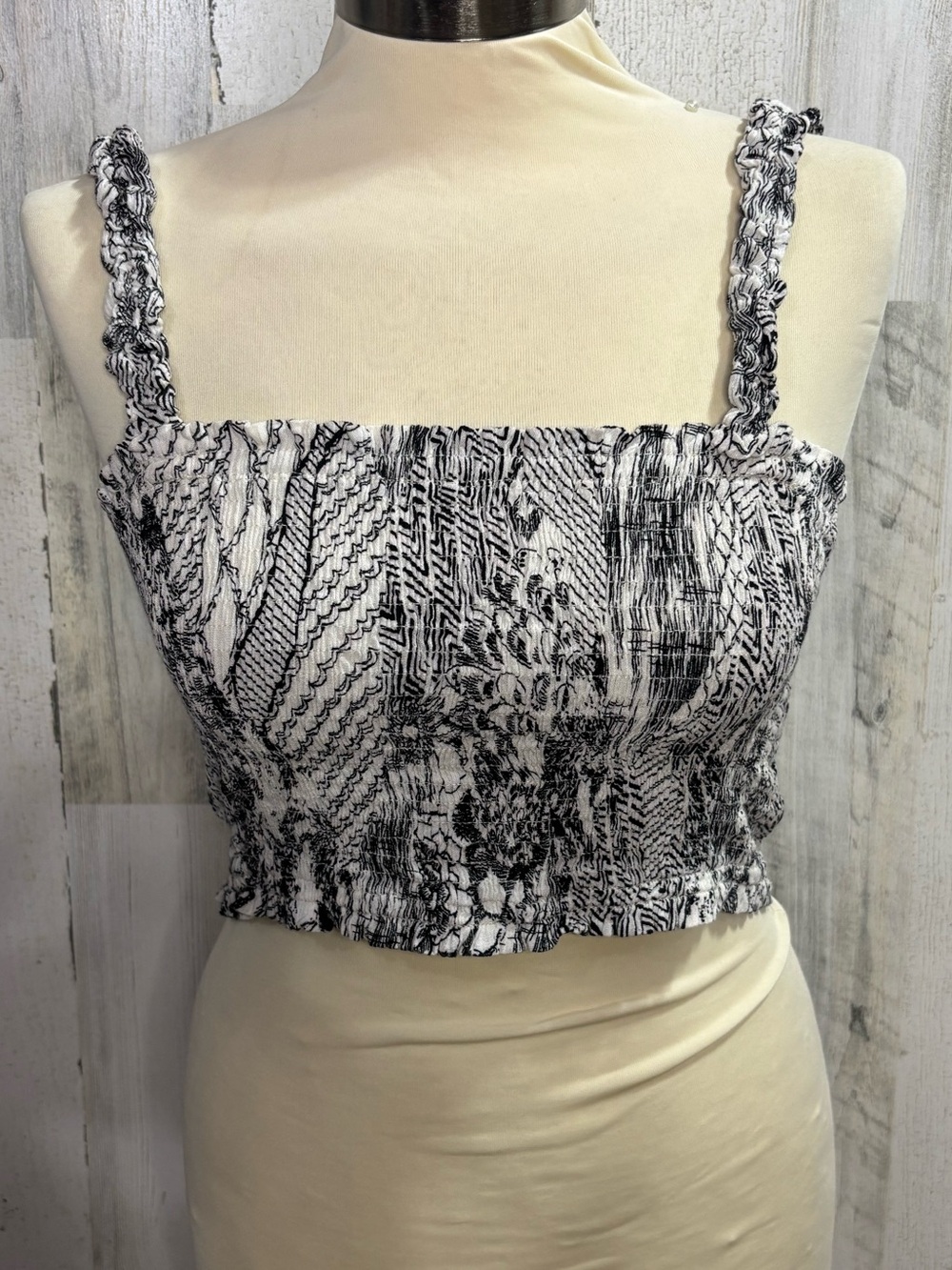 Paper Crane Smocked Square-Neck Crop Top in Black & Ivory - Picture 2 of 9